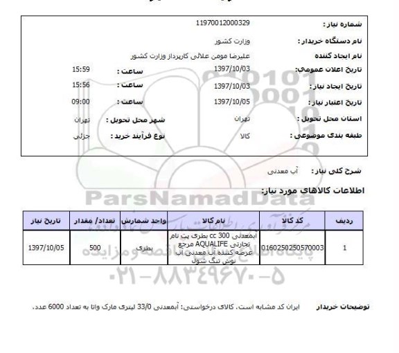استعلام ,استعلام آب معدنی 