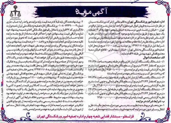 مزایده,مزایده ششدانگ یکدستگاه آپارتمان اداری 291.38  