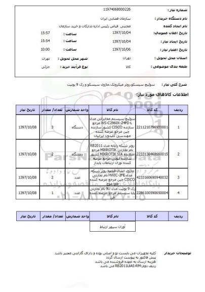 استعلام, سوئیچ سیسکو، روتر میکروتک، ماژول سیسکو و رک 9 یونیت