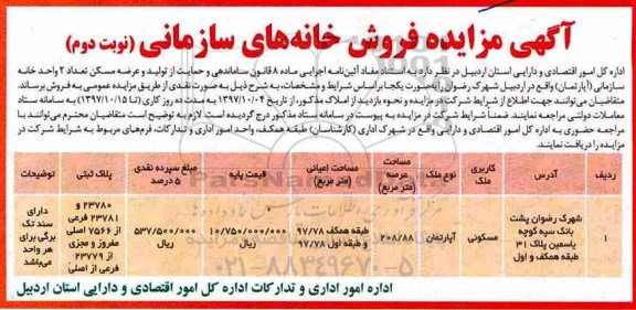 مزایده،مزایده فروش دو واحد خانه سازمانی مسکونی عرصه 208.88 نوبت دوم