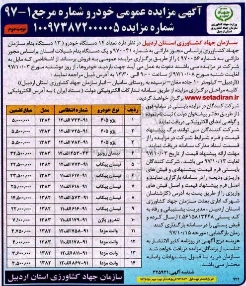 مزایده ,مزایده فروش تعداد 14 دستگاه خودرو... نوبت دوم