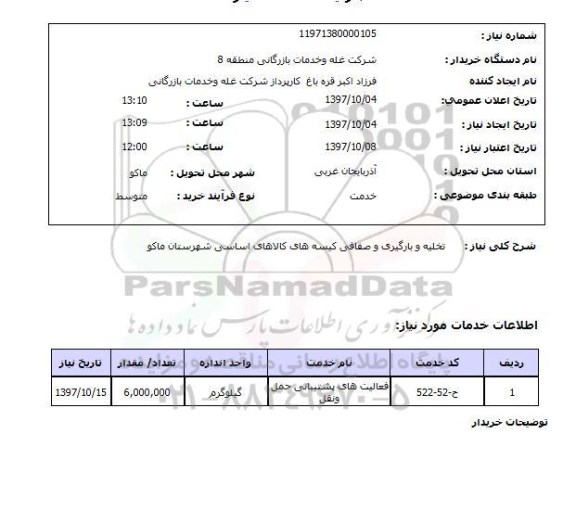 استعلام, تخلیه و بارگیری و صفافی کیسه های کالاهای اساسی
