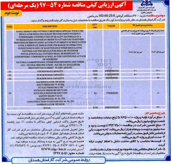 مناقصه , مناقصه خرید 6700 دستگاه رگولاتور - نوبت دوم 