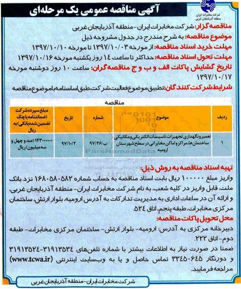 مناقصه ، مناقصه تعمیر و نگهداری تجهیزات تاسیسات الکتریکی و ....
