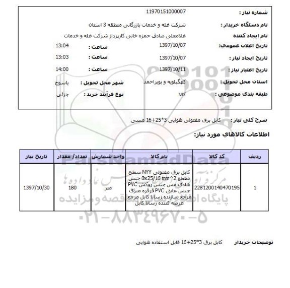 استعلام, استعلام کابل برق مفتولی هوایی