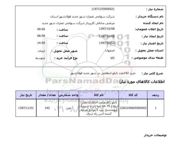 استعلام, استعلام خرید 142 عدد تابلو انتظامی 