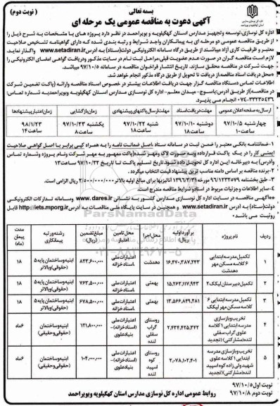 آگهی دعوت به مناقصه عمومی , مناقصه تکمیل مدرسه ابتدایی 6 کلاسه - نوبت دوم