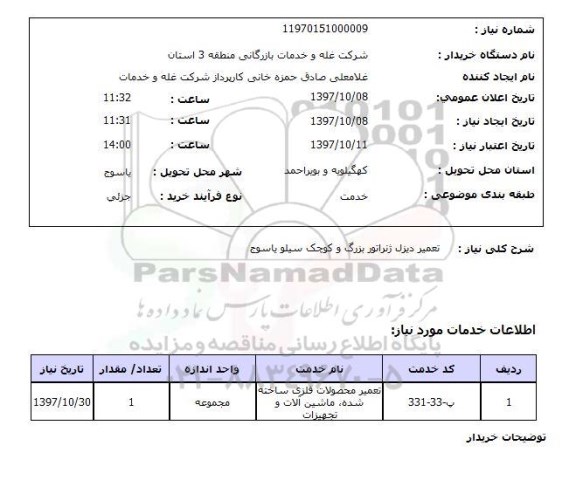 استعلام, استعلام تعمیر دیزل ژنراتور 