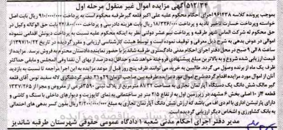 مزایده ،مزایده یک دستگاه آپارتمان تجاری 81.32 مترمربع 