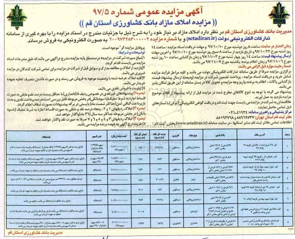 مزایده,مزایده فروش املاک مازاد کاربری مسکونی و تجاری و کشاورزی شماره 97/5 