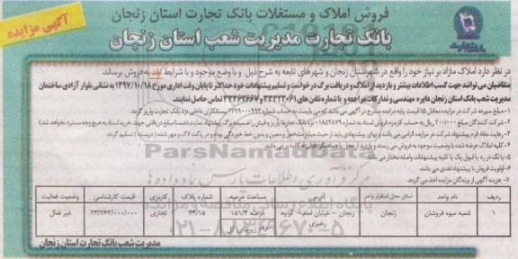 مزایده ، مزایده فروش املاک مازاد کاربری تجاری 