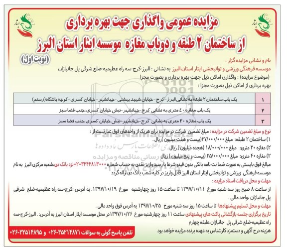 مزایده عمومی, مزایده عمومی واگذاری جهت بهره برداری از ساختمان 2 طبقه و ...