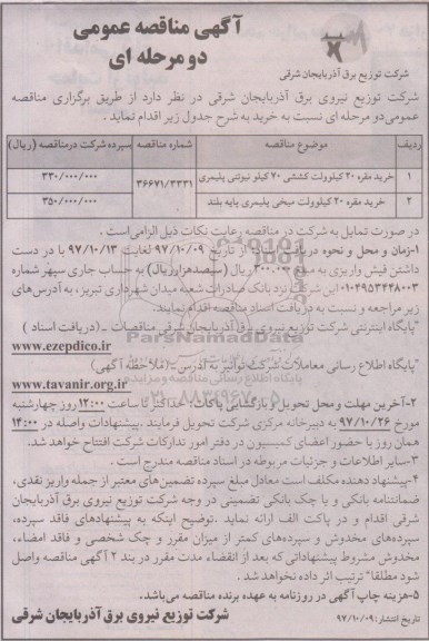 مناقصه  ، مناقصه خرید مقره 20 کیلوولت کششی.... 
