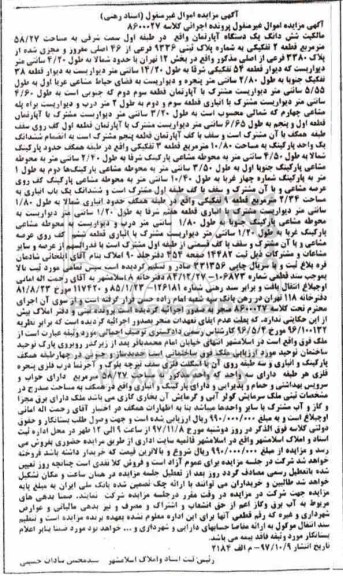 مزایده,مزایده ششدانگ یک دستگاه آپارتمان 58.27 مترمربع