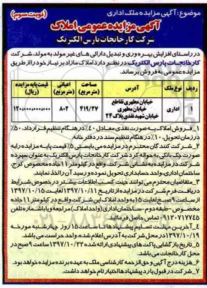 مزایده, مزایده املاک به مساحت 419.27 مترمربع نوبت سوم 
