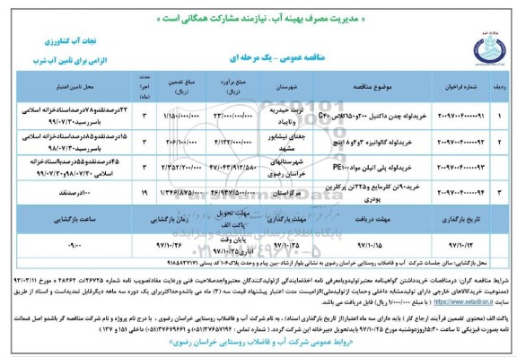 مناقصه عمومی, مناقصه خرید لوله چدن داکتیل 200 و 150کلاس ...