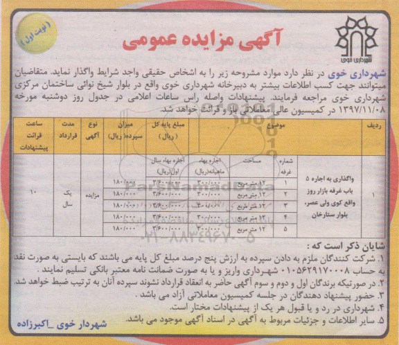 مزایده عمومی, مزایده واگذاری به اجاره 5 بابت غرفه