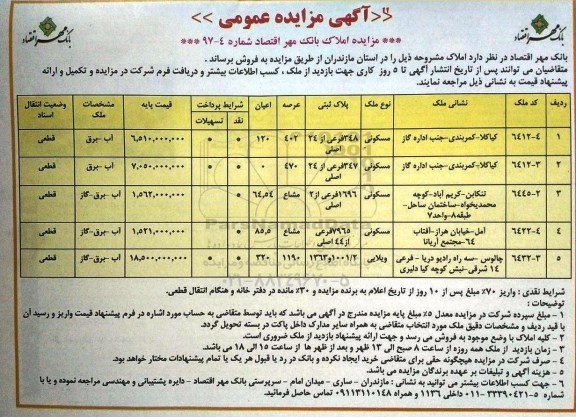آگهی مزایده ، مزایده فروش املاک کاربری مسکونی و ویلایی شماره 97-4