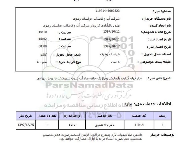 استعلام, حفر و لوله گذاری و آزمایش پمپاژ یک حلقه چاه آب شرب