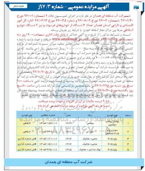 آگهی مزایده عمومی, مزایده  تعداد 3 دستگاه از خودروهای فرسوده و ... - نوبت دوم 