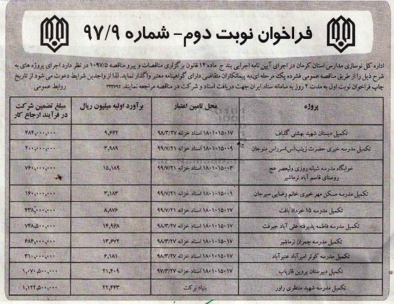مناقصه ,مناقصه تکمیل دبستان و ...نوبت دوم 