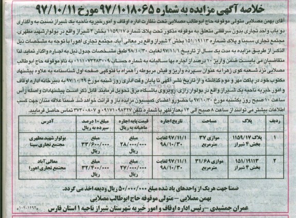 مزایده ,خلاصه مزایده دو باب واحد تجاری