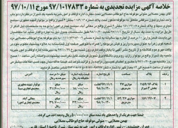مزایده ,خلاصه مزایده دو باب واحد تجاری بدون سرقفلی