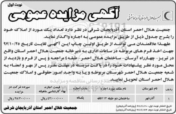 آگهی مزایده عمومی, مزایده اجاره تعداد 1 مورد از املاک