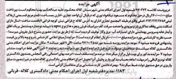 مزایده، مزایده یک واحد تجاری اداری مساحت 50 مترمربع