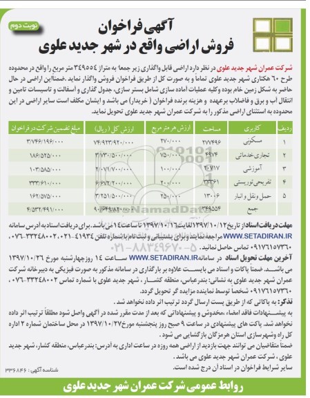 مزایده،مزایده فروش اراضی جمعا متراژ 349554  مترمربع نوبت دوم 