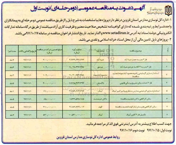 مناقصه, مناقصه فاز 2 مدرسه، استانداردسازی گرمایشی و...