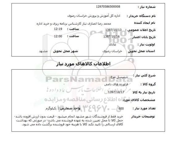 استعلام,استعلام شنیسل مرغ