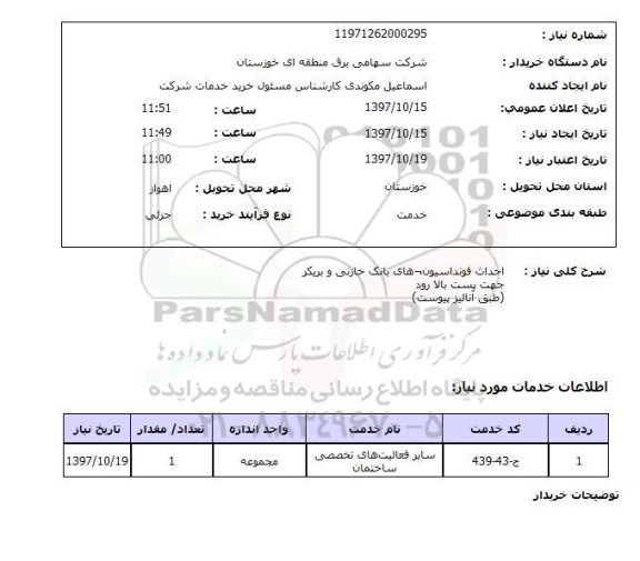 استعلام احداث فونداسیون های بانک خازنی و بریکر 