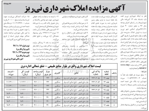 مزایده، مزایده فروش املاک کاربری مسکونی نوبت اول