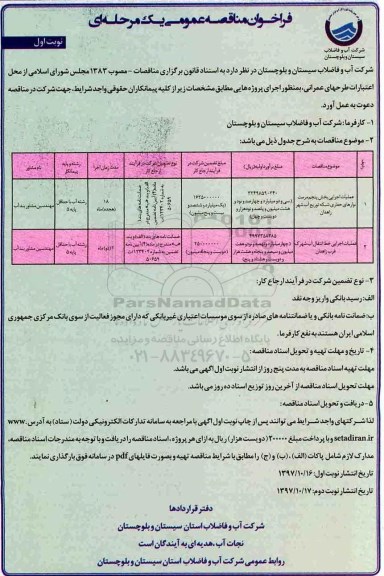 فراخوان مناقصه عمومی یک مرحله ای , مناقصه عملیات اجرایی بخش 5 مرمت نوارهای حفاری شبکه توزیع آب شهر ....