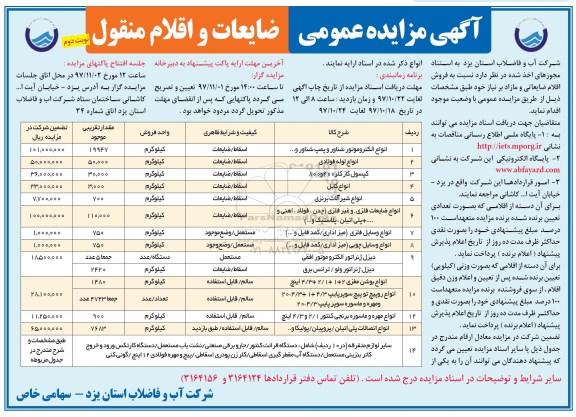 آگهی مزایده عمومی, مزایده ضایعات و اقلام منقول  - نوبت دوم 