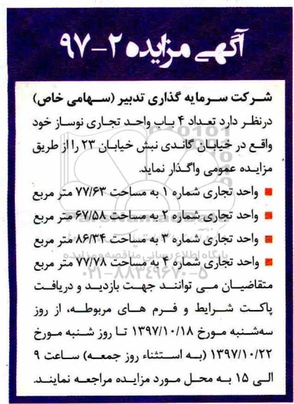 مزایده اجاره تعداد 4 باب واحد تجاری