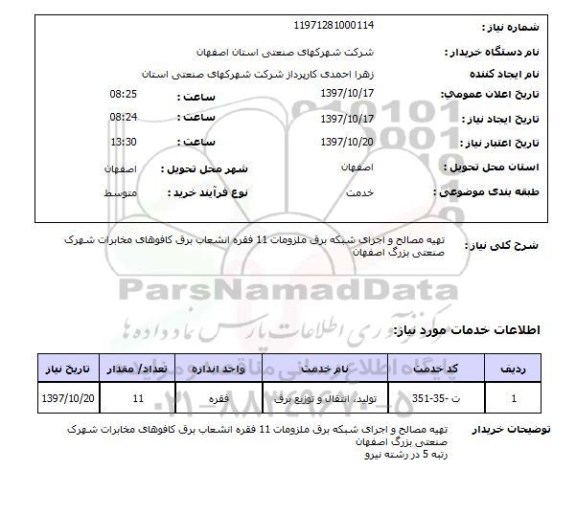استعلام, استعلام تهیه مصالح و اجرای شبکه برق