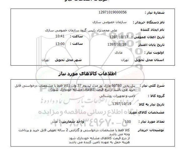 استعلام, پنل یخی 60*60 مازی نور