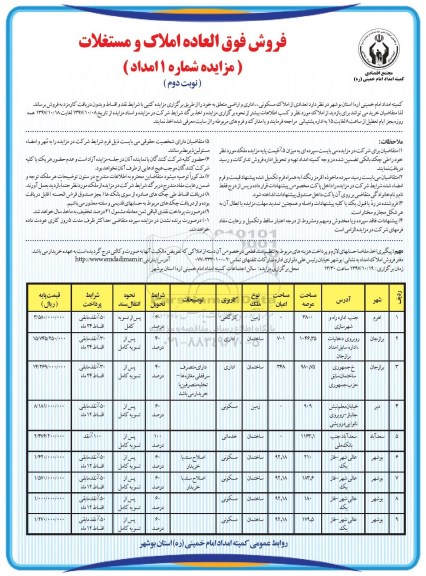 مزایده , مزایده فروش تعدادی از املاک مسکونی ، اداری و اراضی شماره 1 نوبت دوم