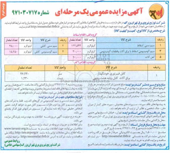 مزایده, مزایده  فروش کالاهای اسقاطی و راکد - نوبت دوم