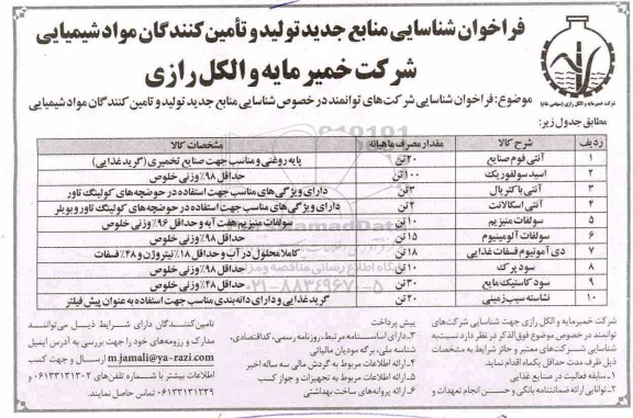 فراخوان شناسایی, فراخوان شناسایی منابع جدید تولید و تامین کنندگان مواد شیمیایی...