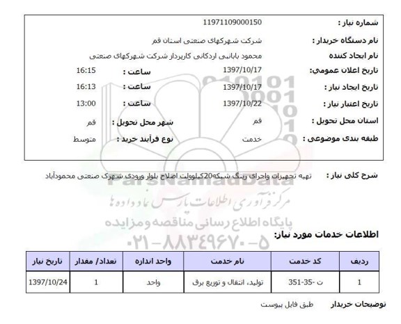 استعلام,تهیه تجهیزات و اجرای رینگ شبکه