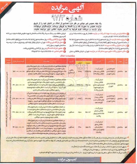 مزایده فروش تعدادی از املاک در اختیار نوبت دوم 
