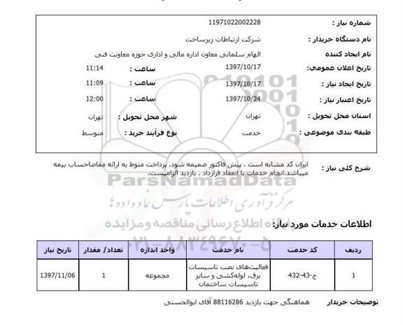 استعلام,استعلام فعالیت های نصب تاسیسات برق، لوله کشی، و سایر تاسیسات ساختمان