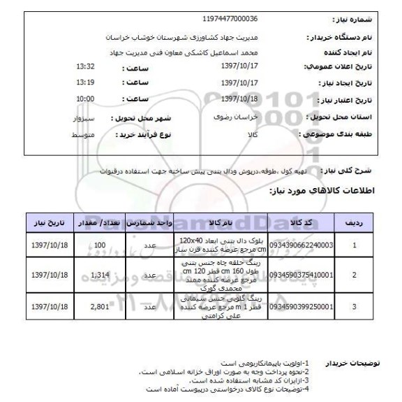 استعلام, استعلام تهیه کول، طوقه، درپوش و دال بتنی ....