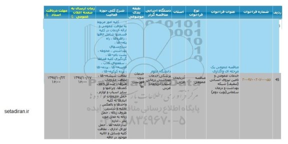 مناقصه عمومی , مناقصه  واگذاری خدمات عمومی تامین نیروی انسانی 