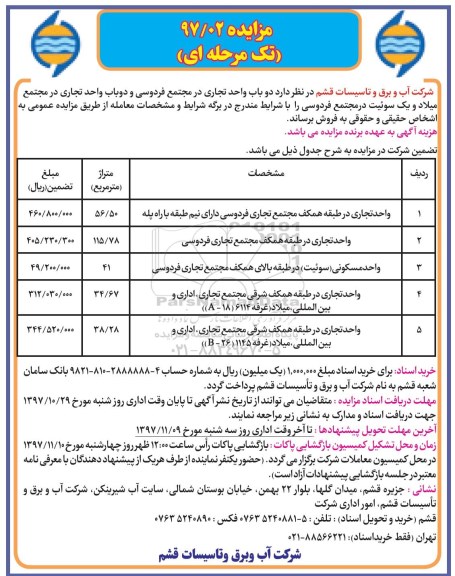 مزایده ،مزایده فروش دو باب تجاری در مجتمع فردوسی 