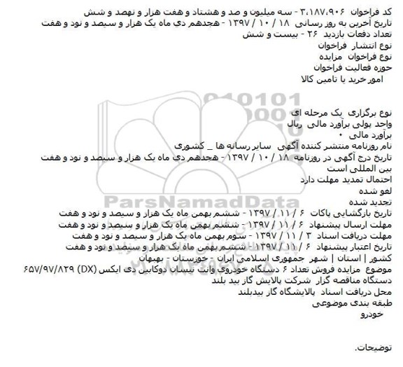 مزایده فروش تعداد ۶ دستگاه خودروی وانت