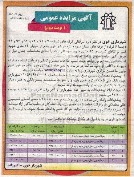 آگهی مزایده عمومی, مزایده واگذاری سرقفلی تعداد 6 غرفه - نوبت دوم